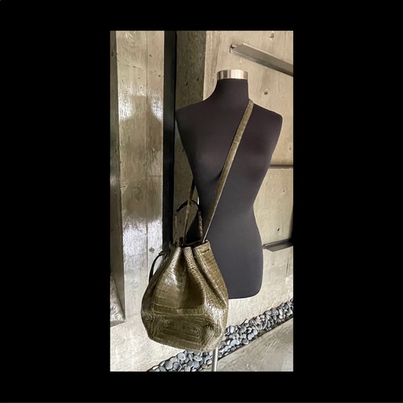 Nancy Gonzalez Caiman Tassel Army Green Bucket Bag - Picture 13 of 14